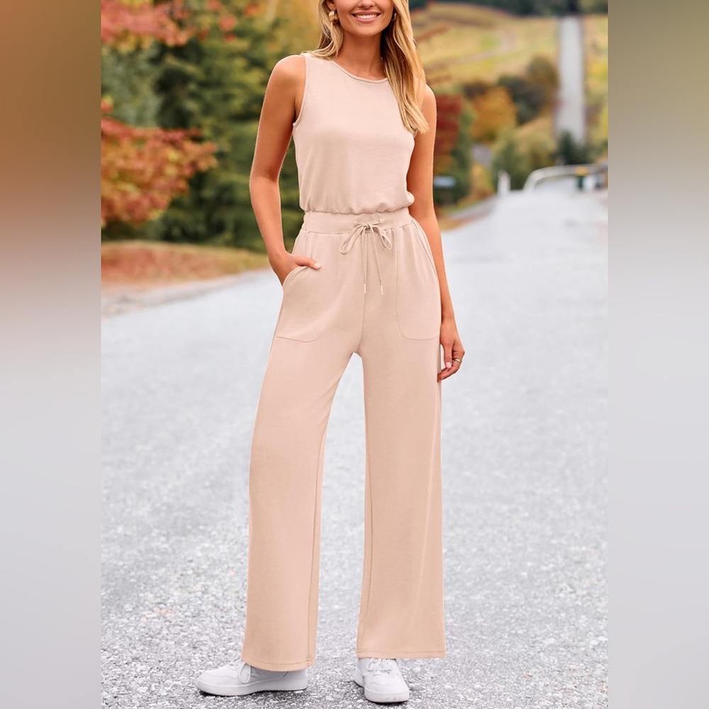 Fashion Sleeveless Wide Leg Long Pants Jumpsuit, Size Medium, Beige